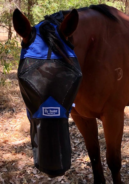 Fly Buster Long Nose Fly Mask - Royal Blue and Black – Mane Event ...